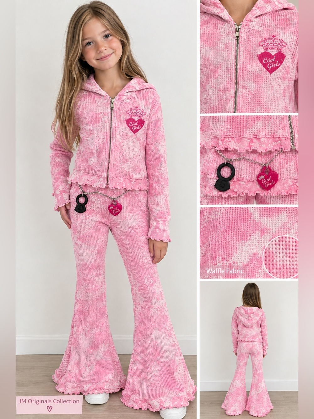 JM Collection Girls' Pink Hooded Waffle Set with Charm Chain